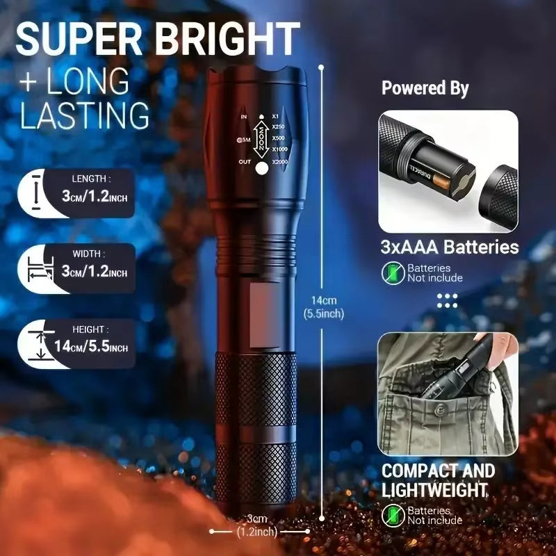 High Power LED Tactical Flashlight 5-Mode Light Zoom Waterproof Portable Torch Aluminum Alloy Bright Tactical Flashlight LED 5 Modes