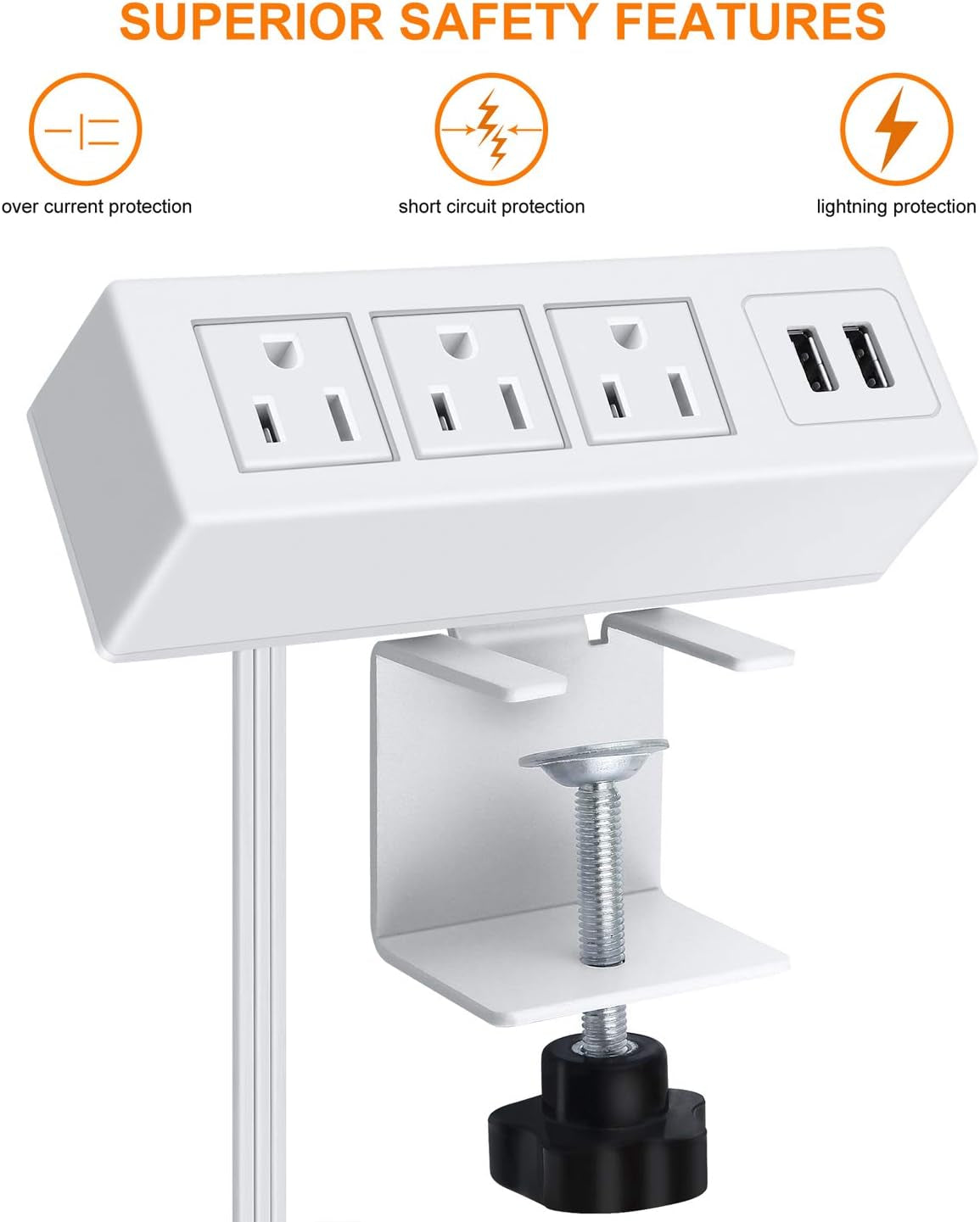 3 Outlet Desk Clamp Power Strip with USB Ports, White Desktop Power Strip Surge Protector 1200J. Desk Mount Charging Power Station, on Desk Edge Power Outlet 125V 12A 1500W.