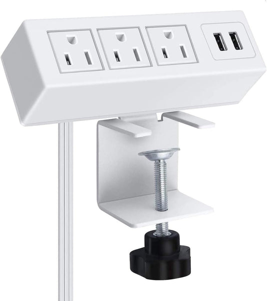 3 Outlet Desk Clamp Power Strip with USB Ports, White Desktop Power Strip Surge Protector 1200J. Desk Mount Charging Power Station, on Desk Edge Power Outlet 125V 12A 1500W.