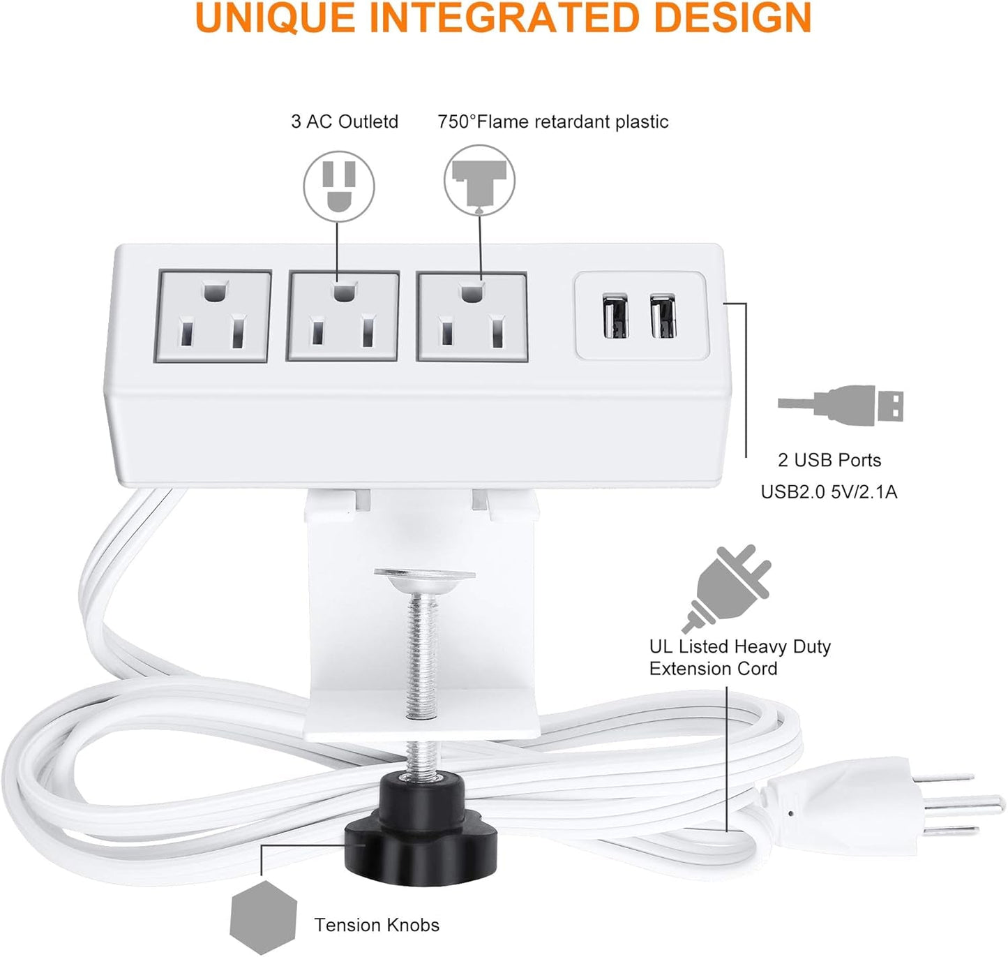 3 Outlet Desk Clamp Power Strip with USB Ports, White Desktop Power Strip Surge Protector 1200J. Desk Mount Charging Power Station, on Desk Edge Power Outlet 125V 12A 1500W.