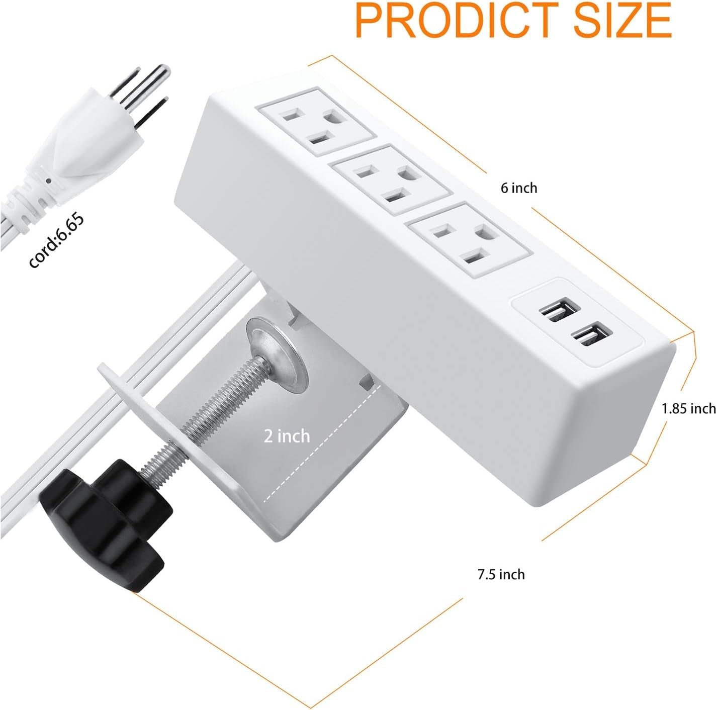 3 Outlet Desk Clamp Power Strip with USB Ports, White Desktop Power Strip Surge Protector 1200J. Desk Mount Charging Power Station, on Desk Edge Power Outlet 125V 12A 1500W.